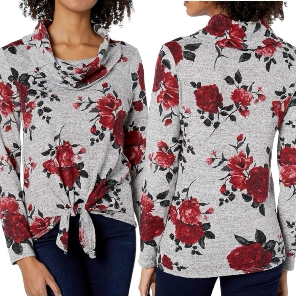 Amy Byer Size XL Juniors Long Sleeve Gray Rose Cowl Neck Sweater NWOT